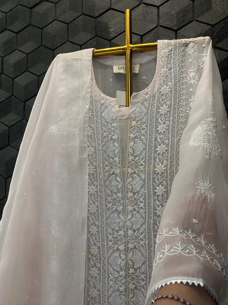 Pink Organza Chikankari Kurta Set
