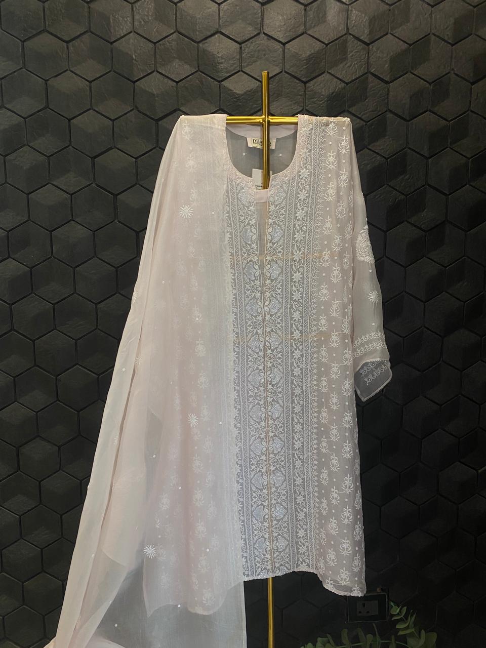 Pink Organza Chikankari Kurta Set