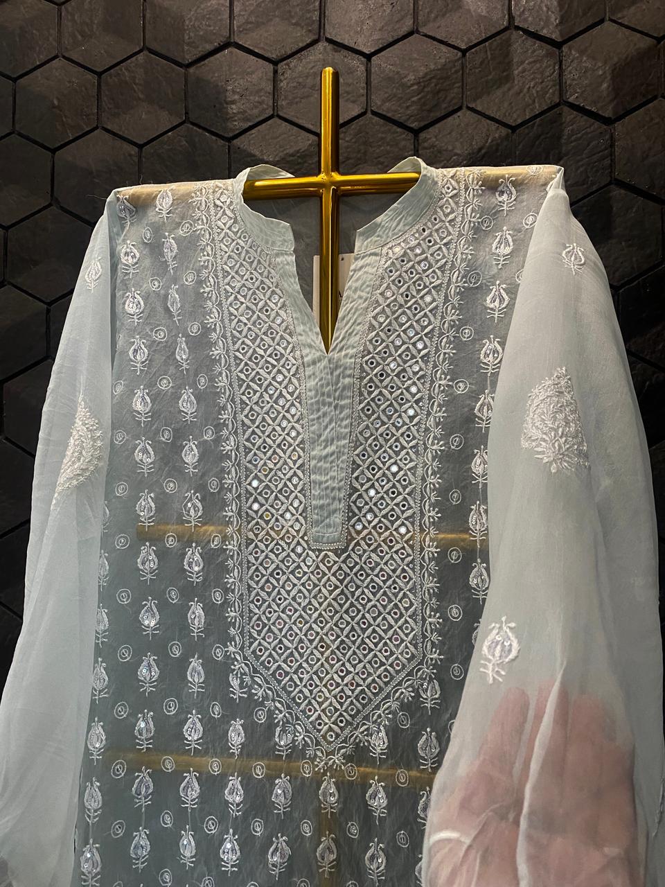 Sea Green Organza Chikankari Co-ord Set