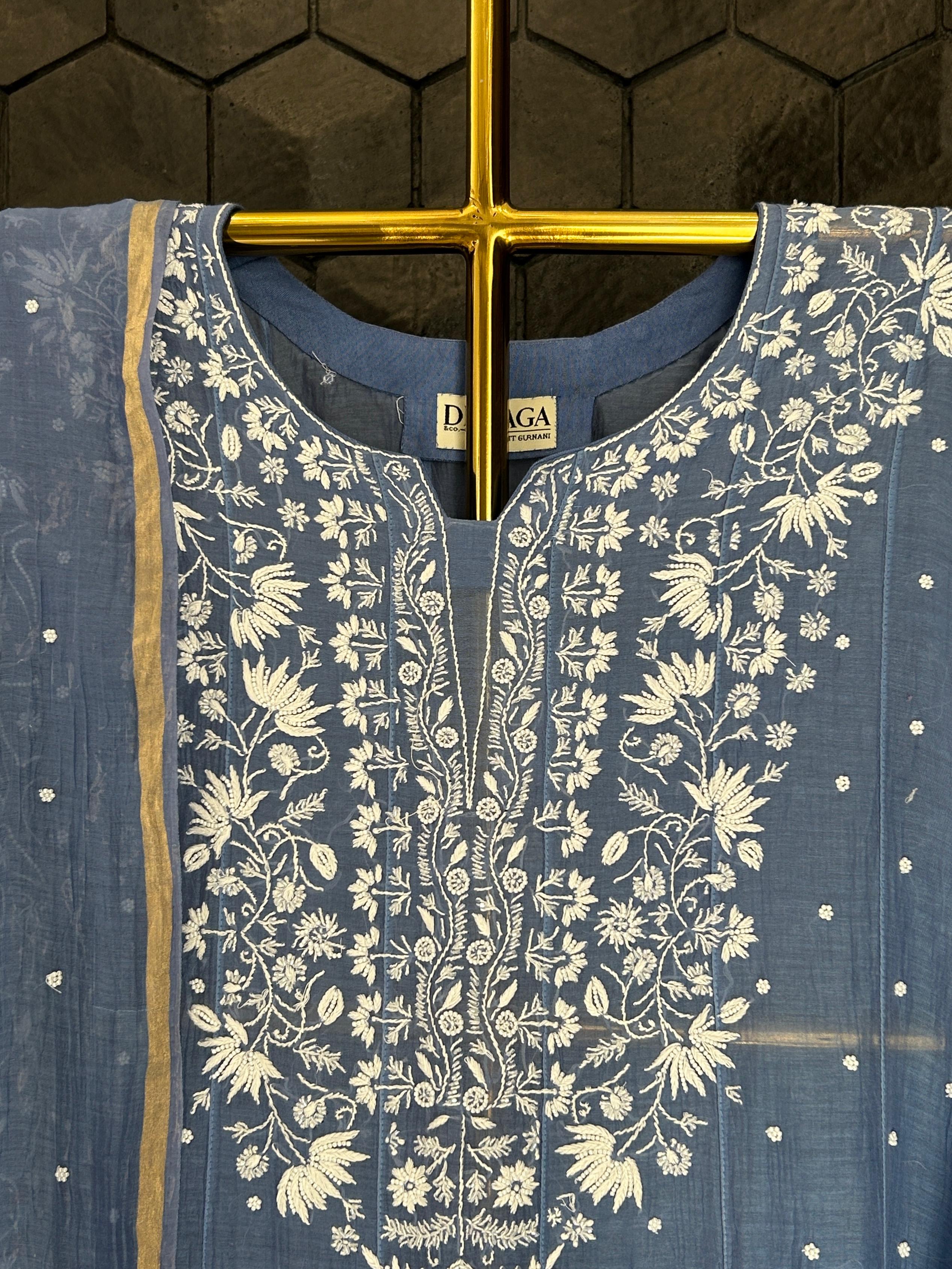 Cobalt Blue Mul Chanderi Chikankari Anarkali Set