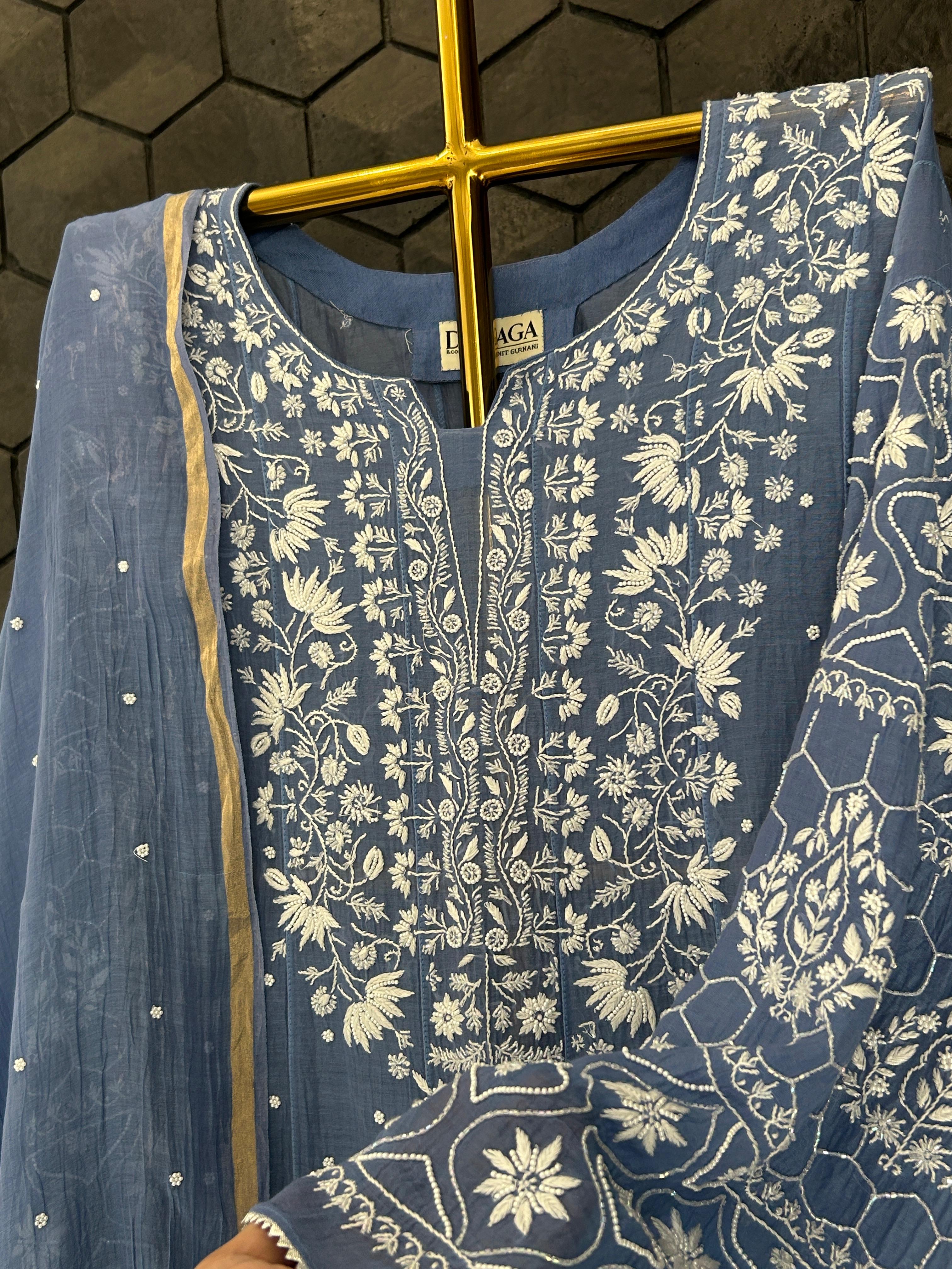 Cobalt Blue Mul Chanderi Chikankari Anarkali Set