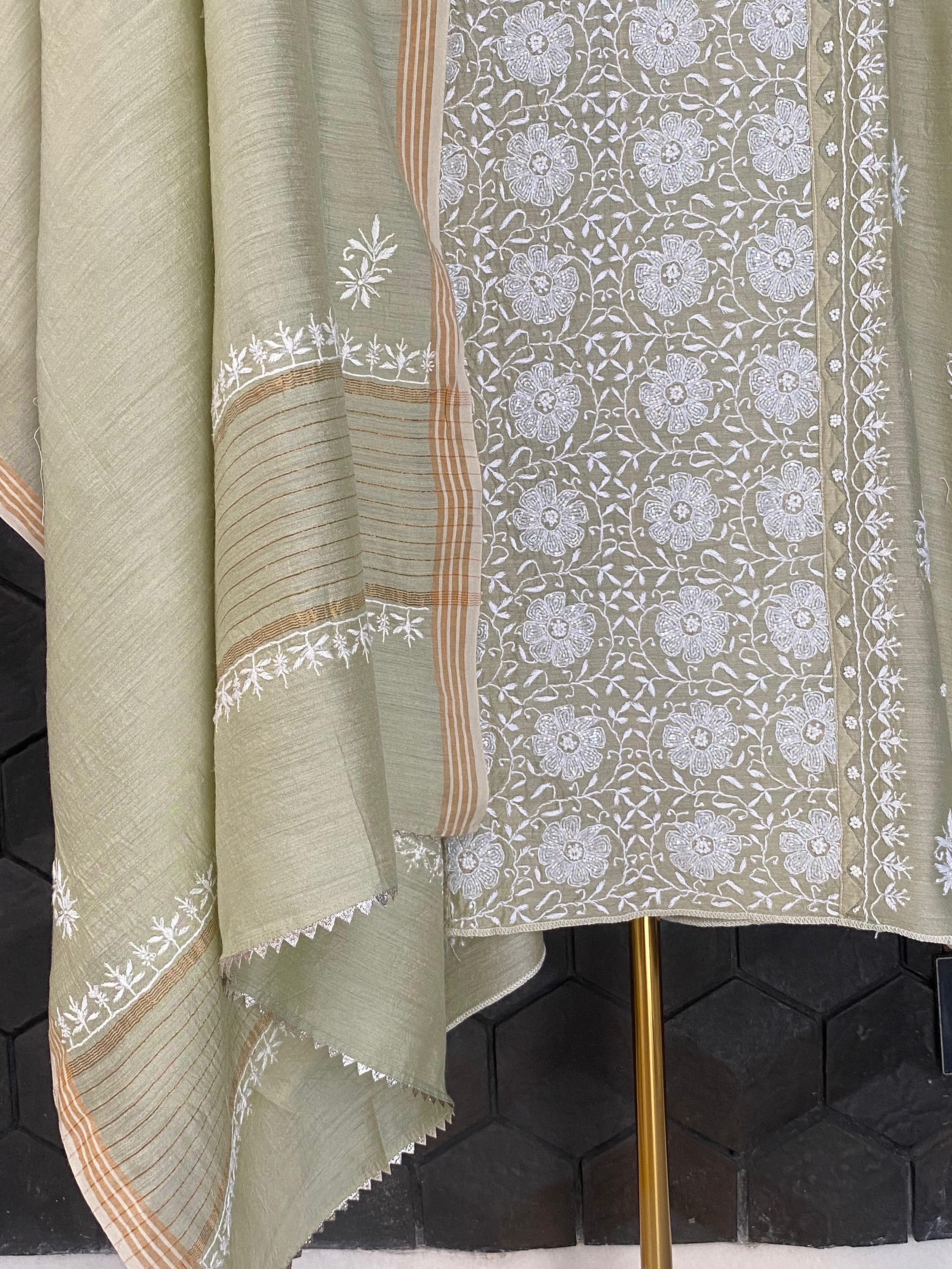 Green Munga Silk Chikankari Kurta Set
