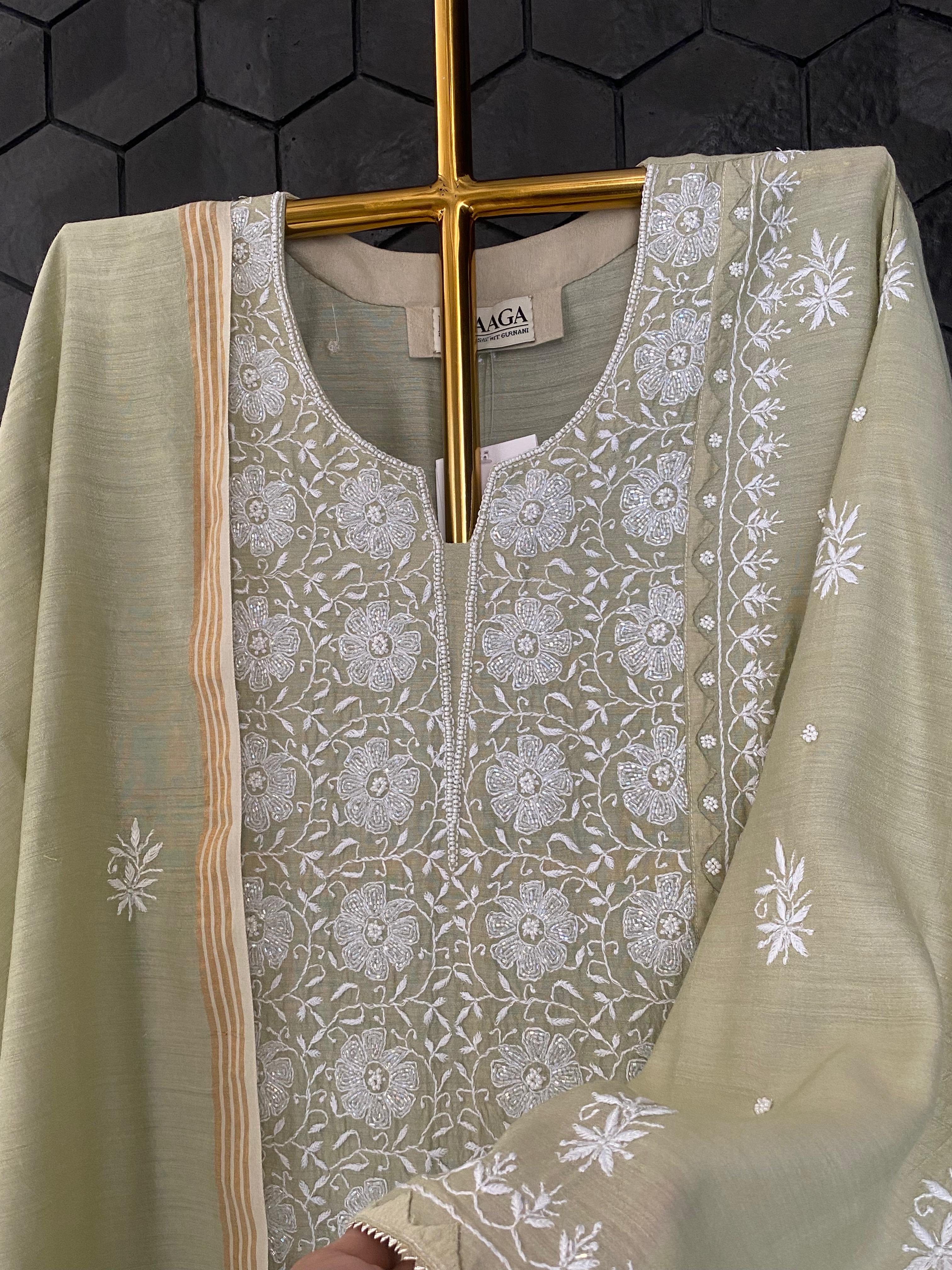 Green Munga Silk Chikankari Kurta Set