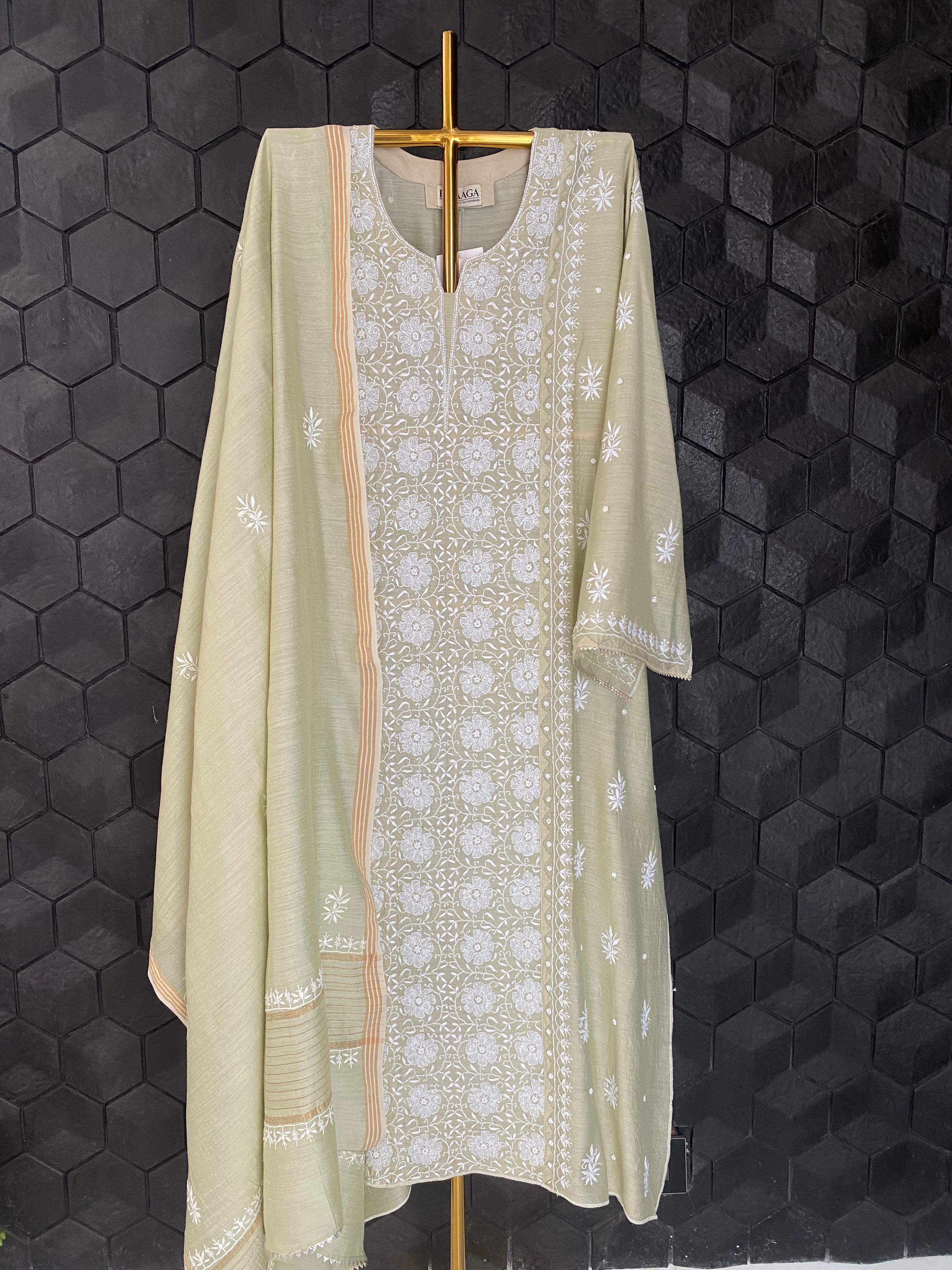 Green Munga Silk Chikankari Kurta Set