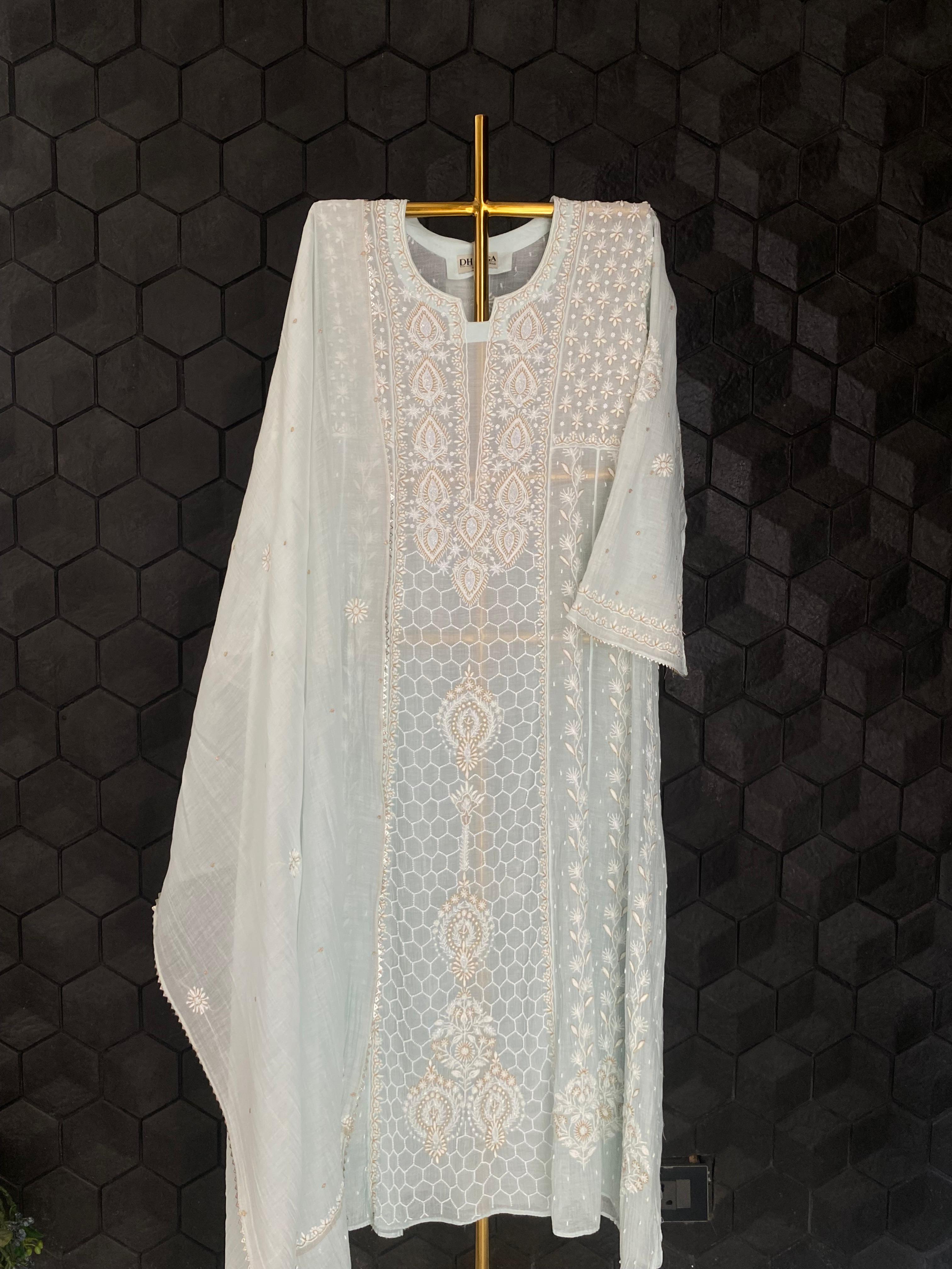 Sea Green Mul Chanderi Chikankari Anarkali Set