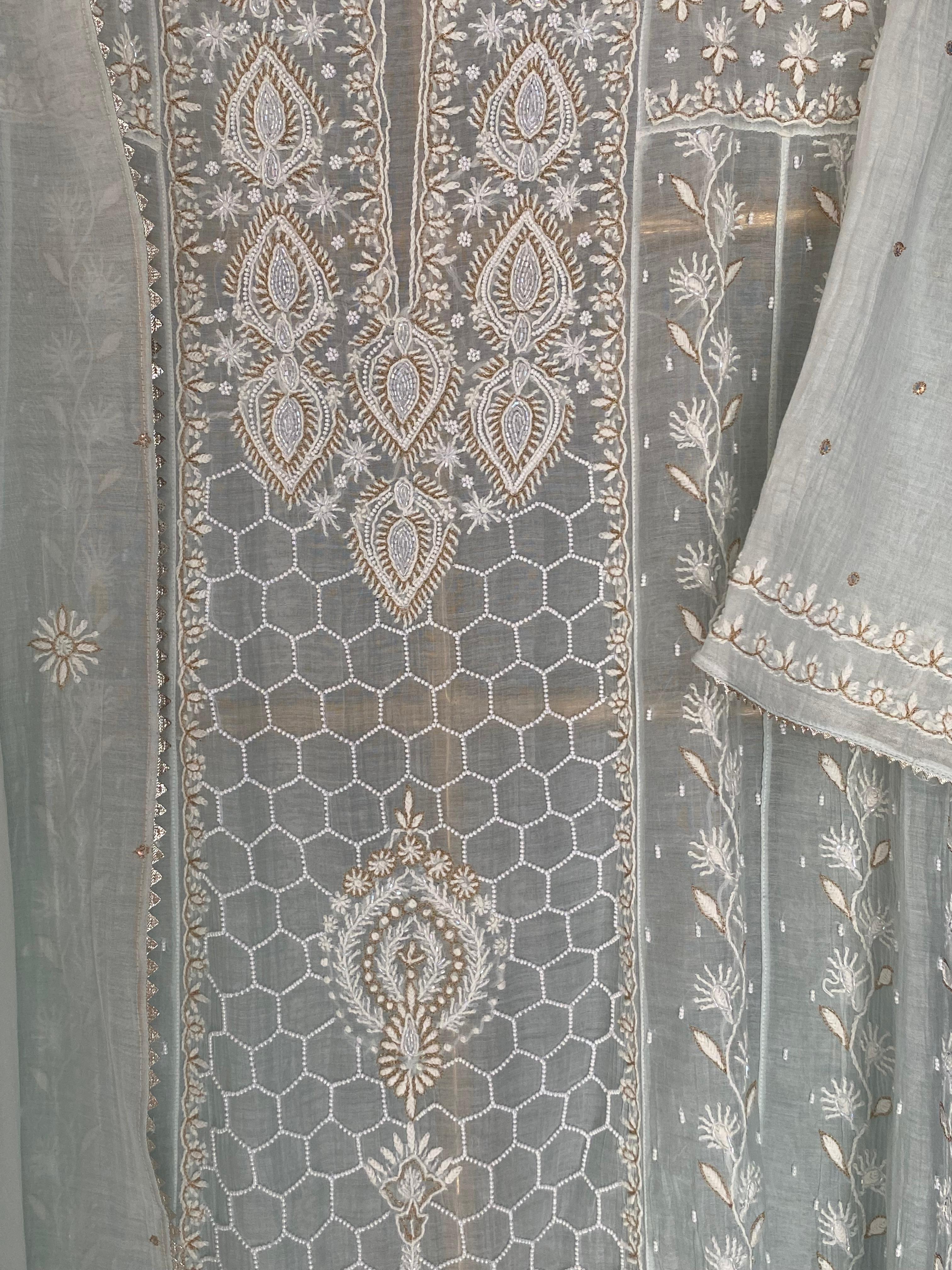 Sea Green Mul Chanderi Chikankari Anarkali Set