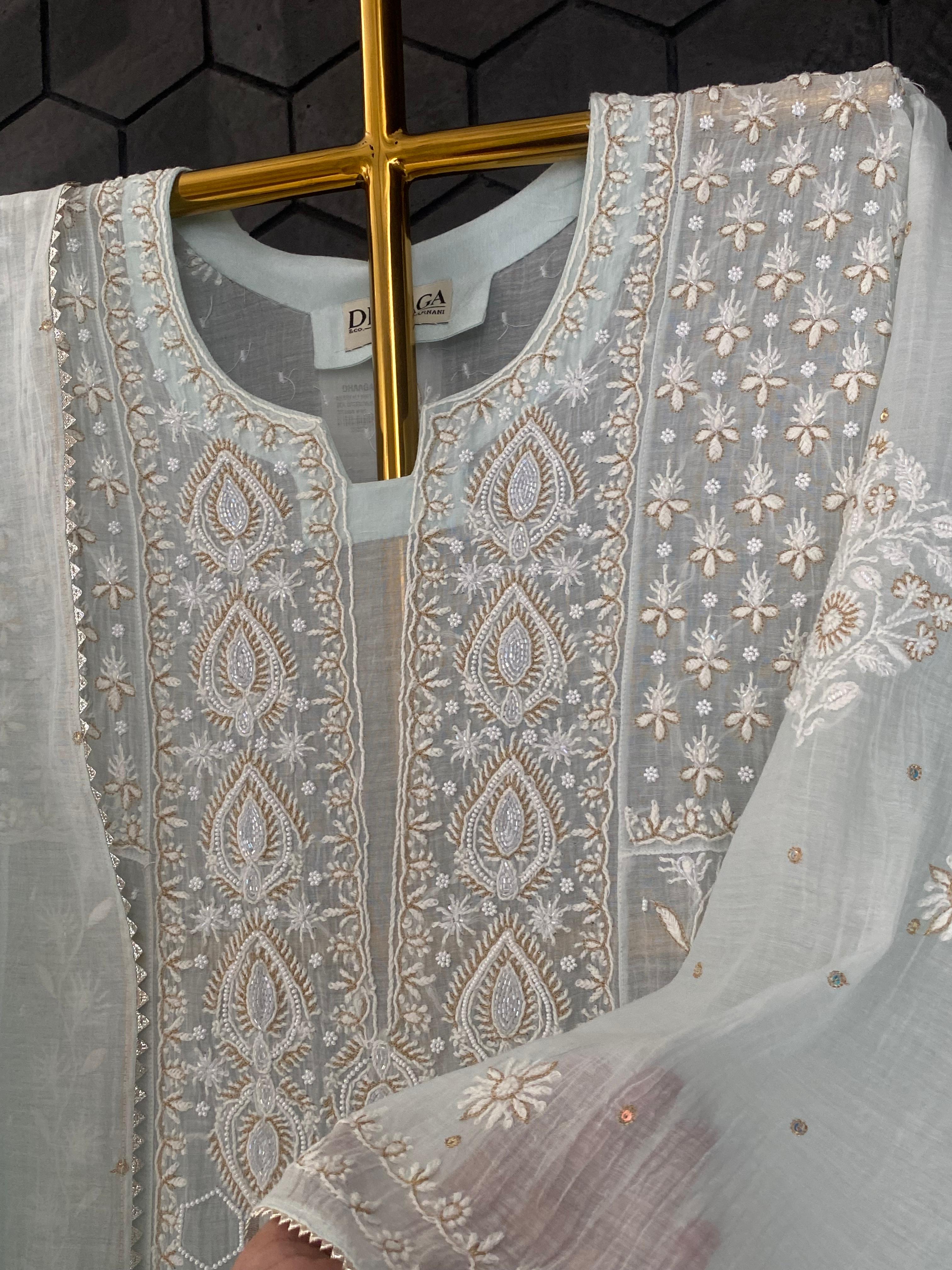 Sea Green Mul Chanderi Chikankari Anarkali Set