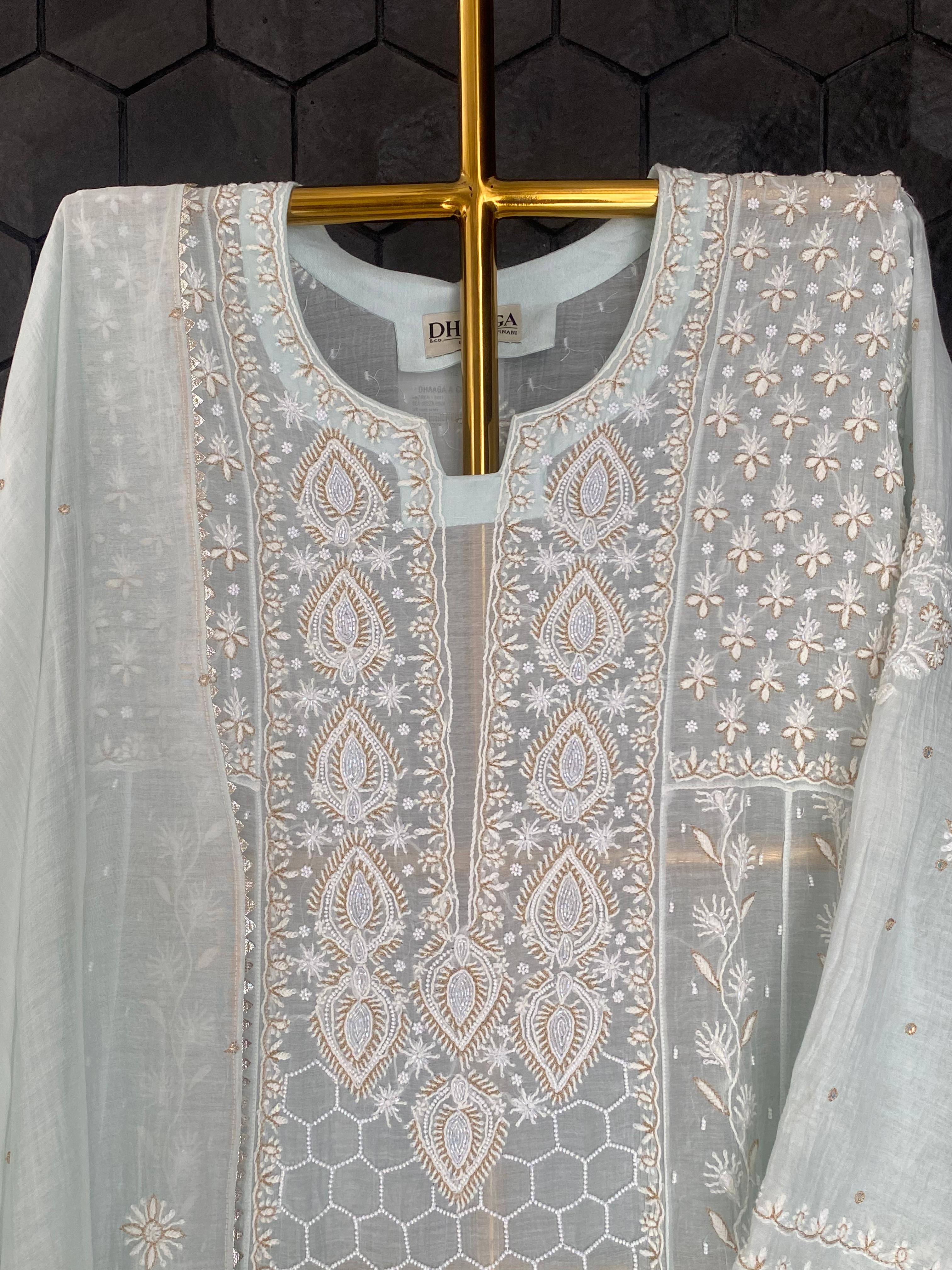 Sea Green Mul Chanderi Chikankari Anarkali Set