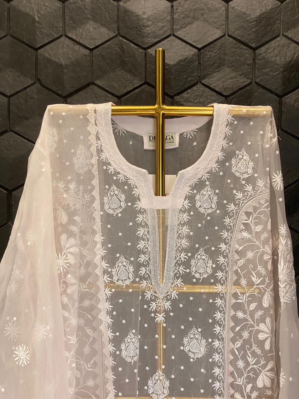 Pink Organza Chikankari Kurta Set