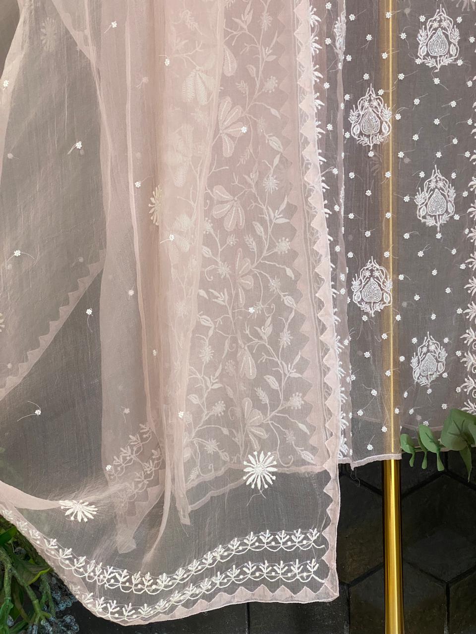 Pink Organza Chikankari Kurta Set