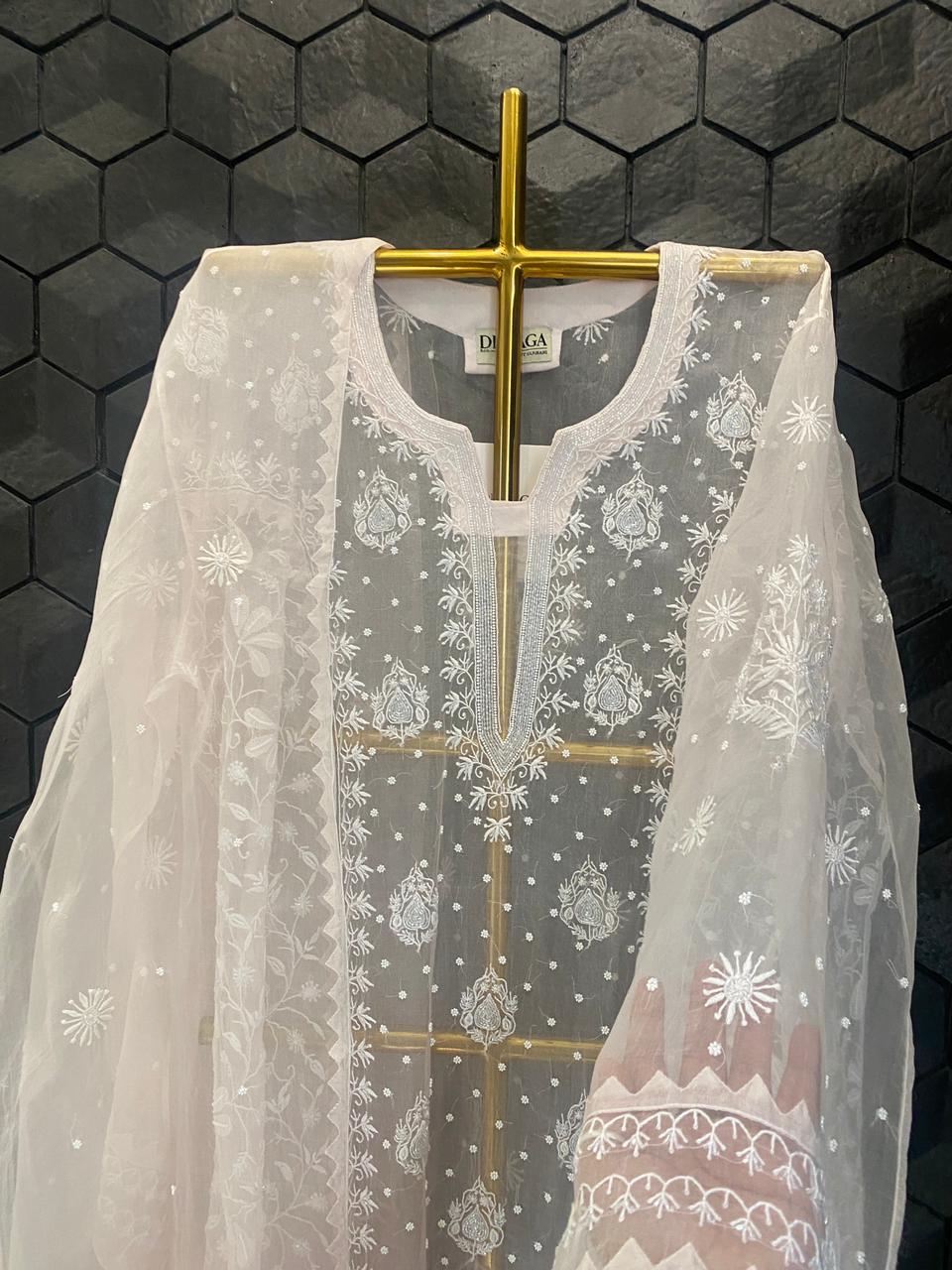 Pink Organza Chikankari Kurta Set
