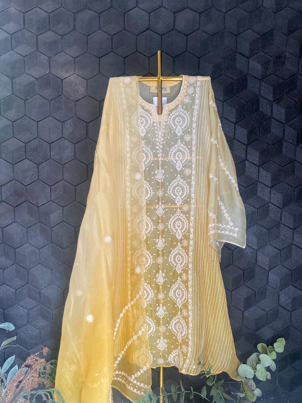 Yellow organza Chikankari Center Panel Kurta Set