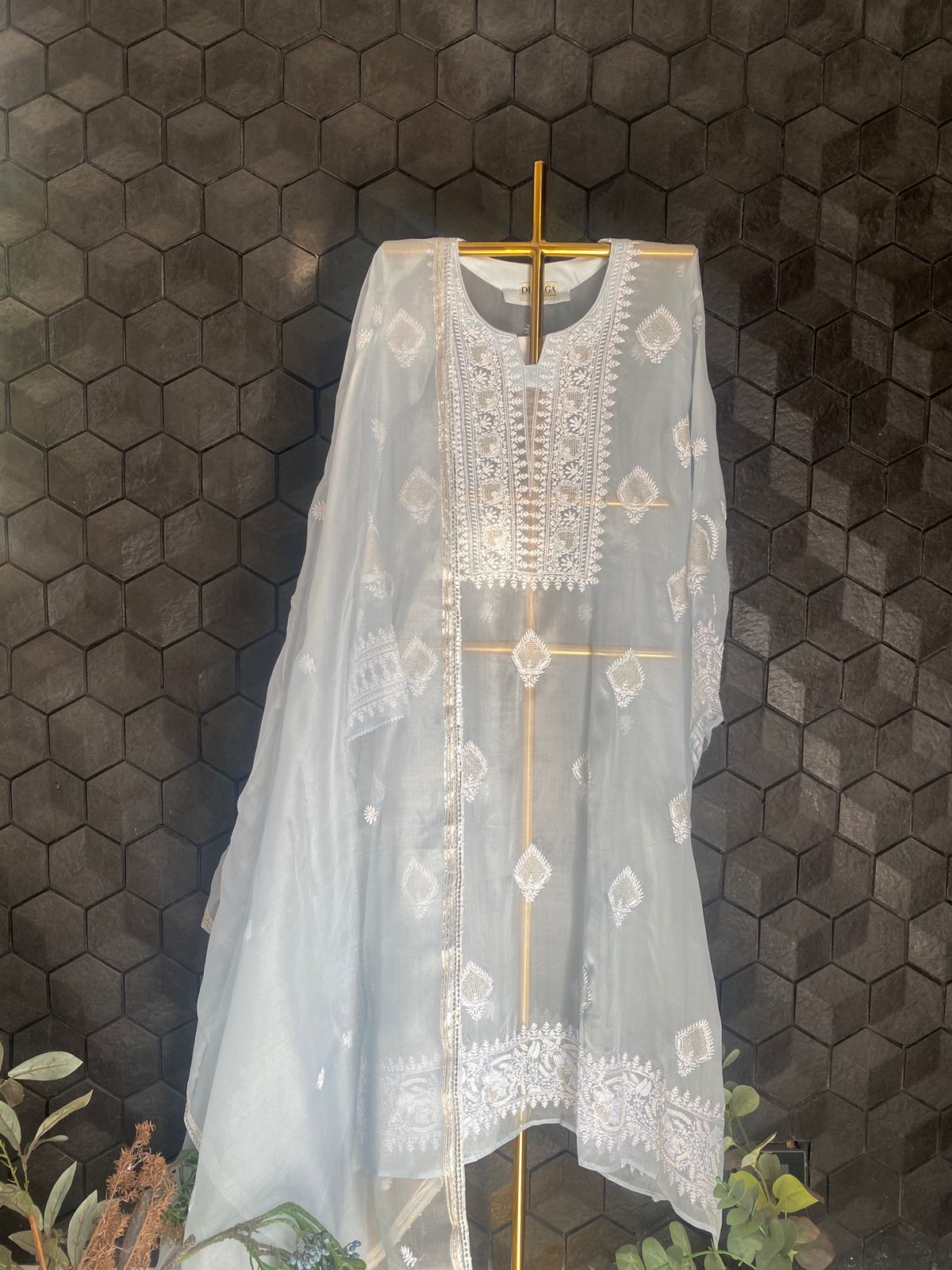 Blue Organza Chikankari Kurta Set