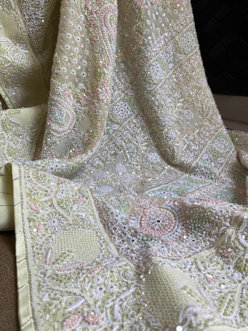 Lime Green Multi-colour Georgette Chikankari Saree