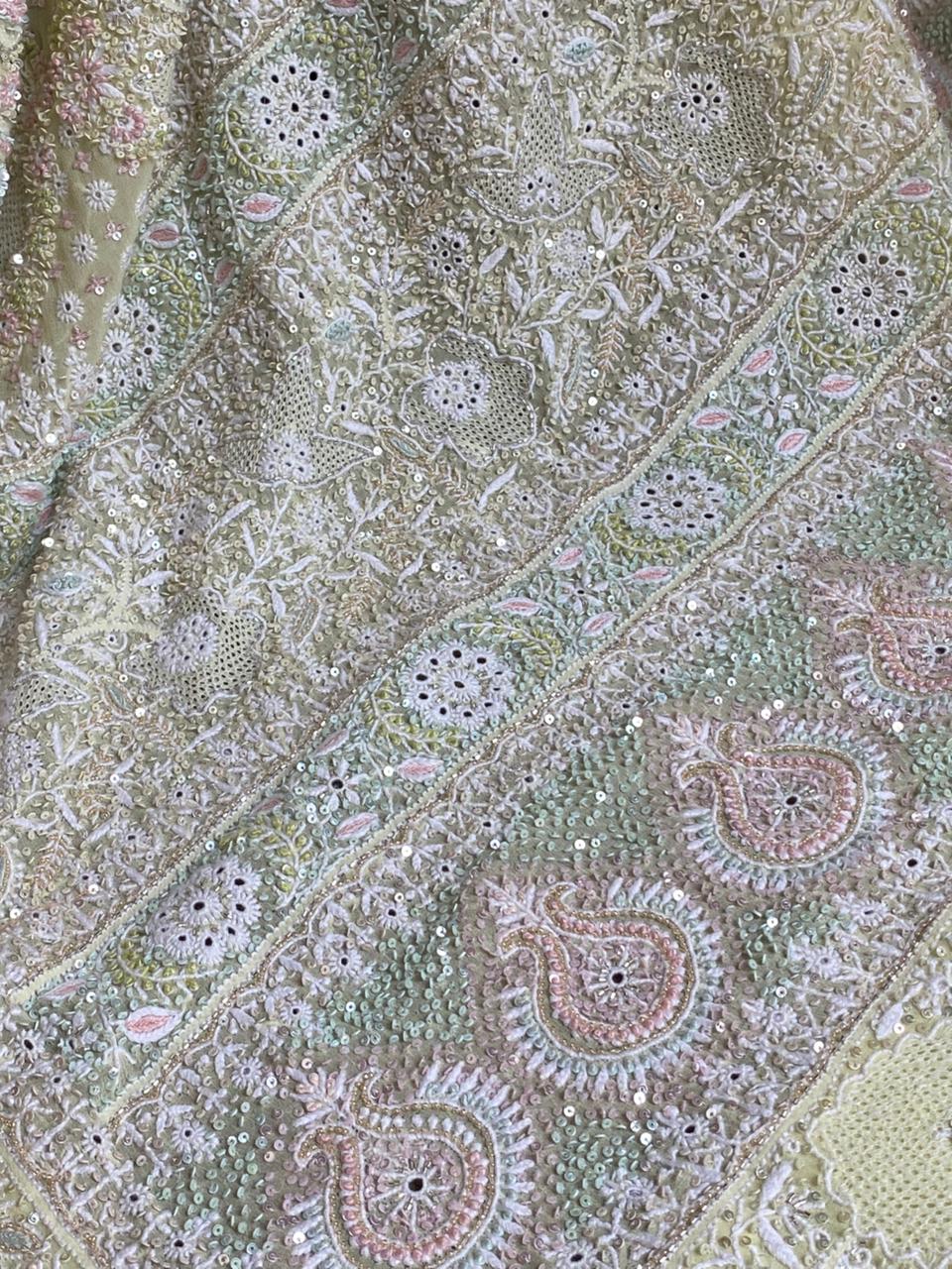 Lime Green Multi-colour Georgette Chikankari Saree