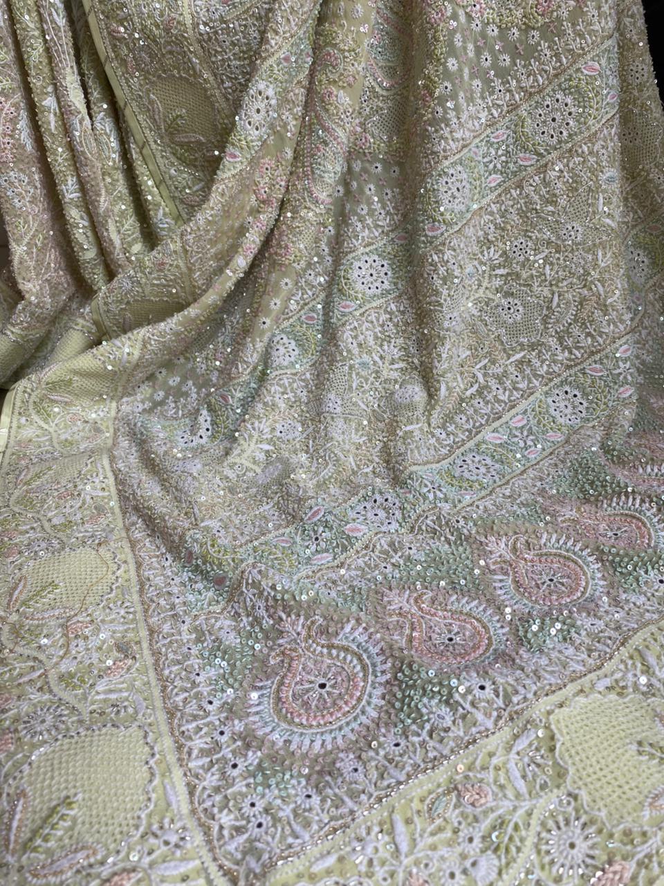 Lime Green Multi-colour Georgette Chikankari Saree