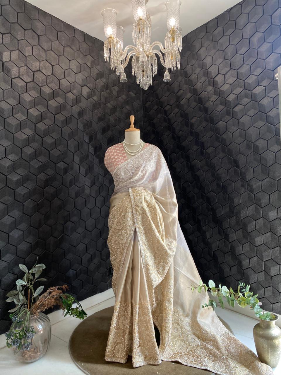 Gold Tissue Chikankari Saree with statement floral design