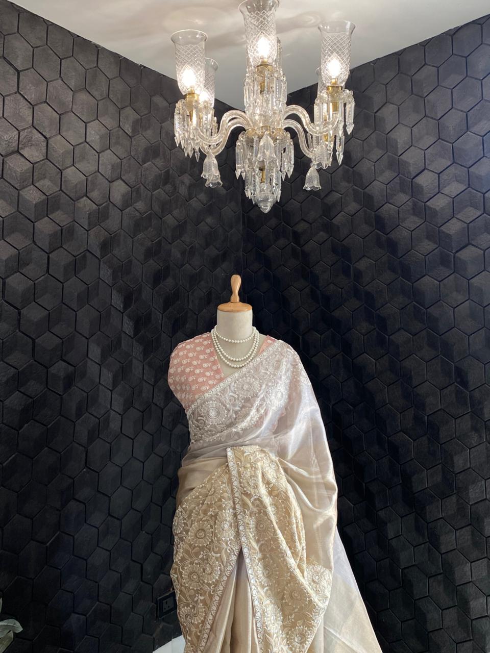 Gold Tissue Chikankari Saree with statement floral design