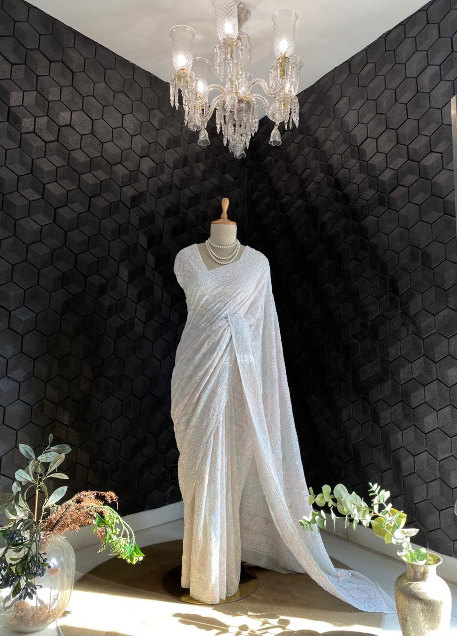 White Georgette Chikankari Saree