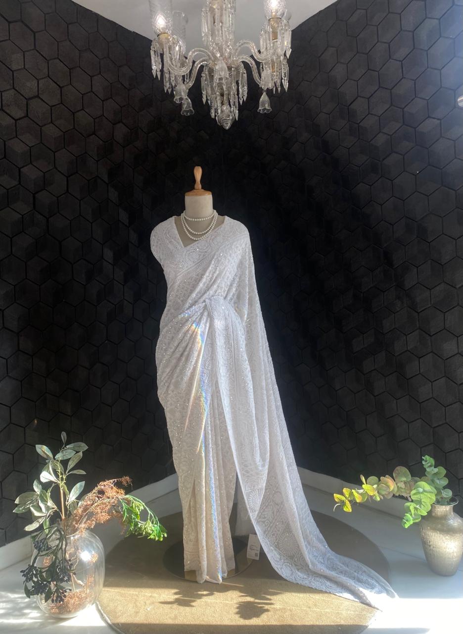White Chikankari Georgette Saree