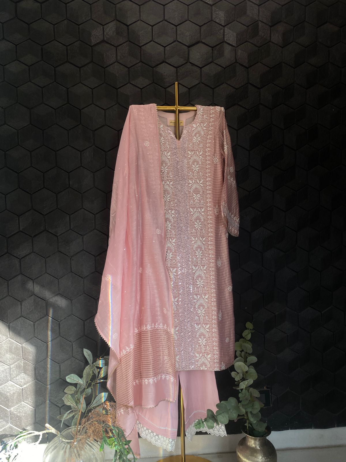 Pink Striped Tissue Chikankari Kurta Set