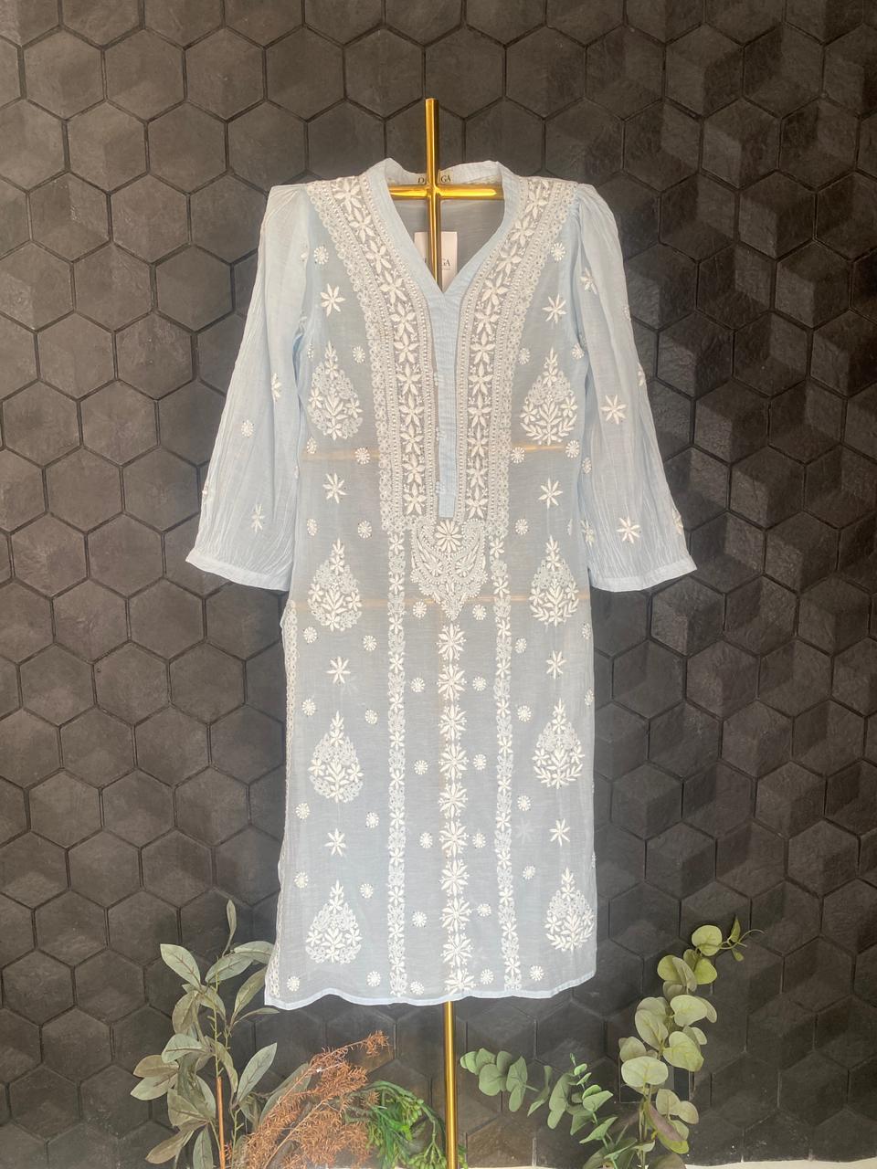 Blue Mul Chanderi Chikankari Co-ord set