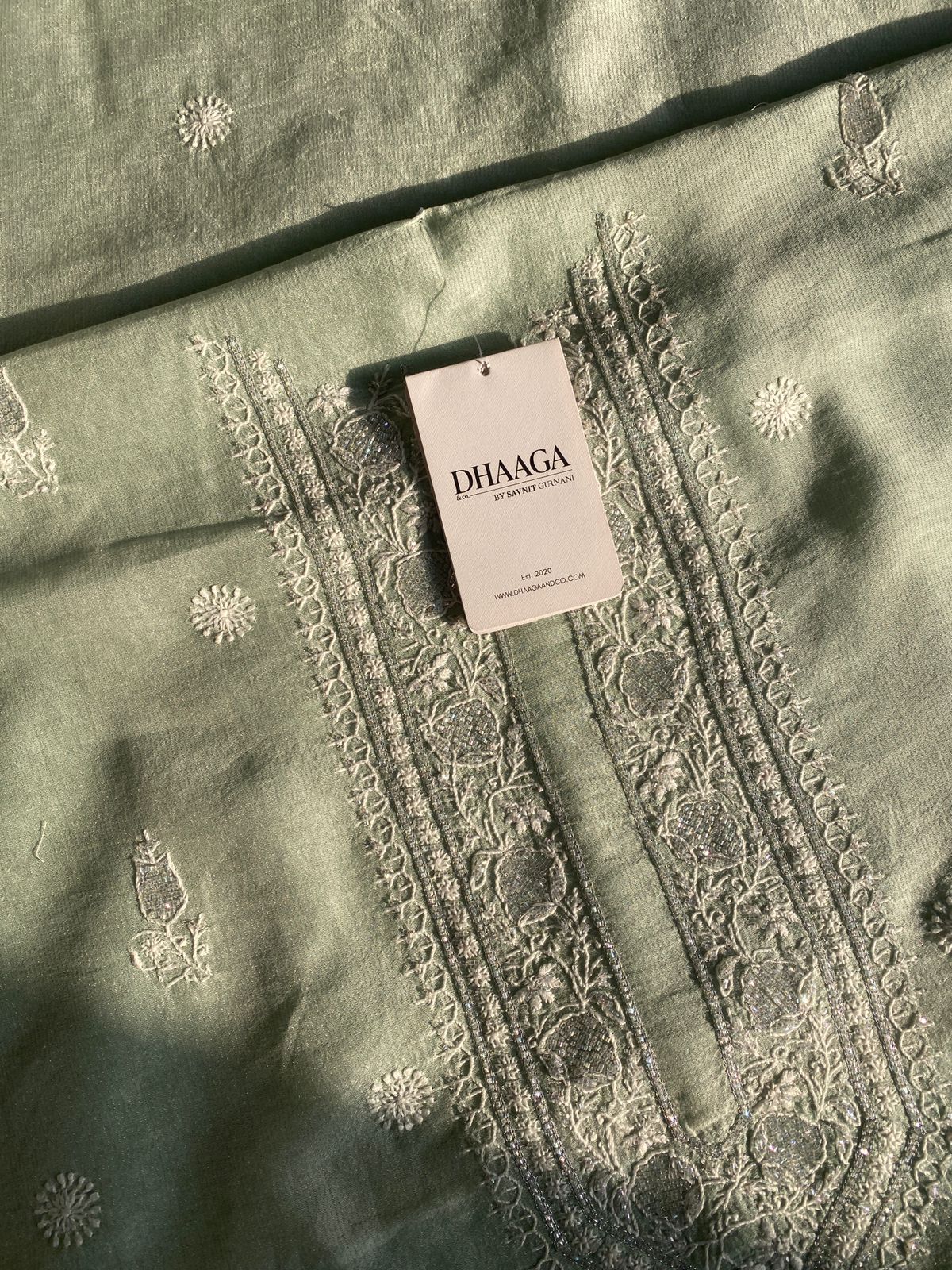 Green Silver Tissue Chikankari Mens Kurta Sale price