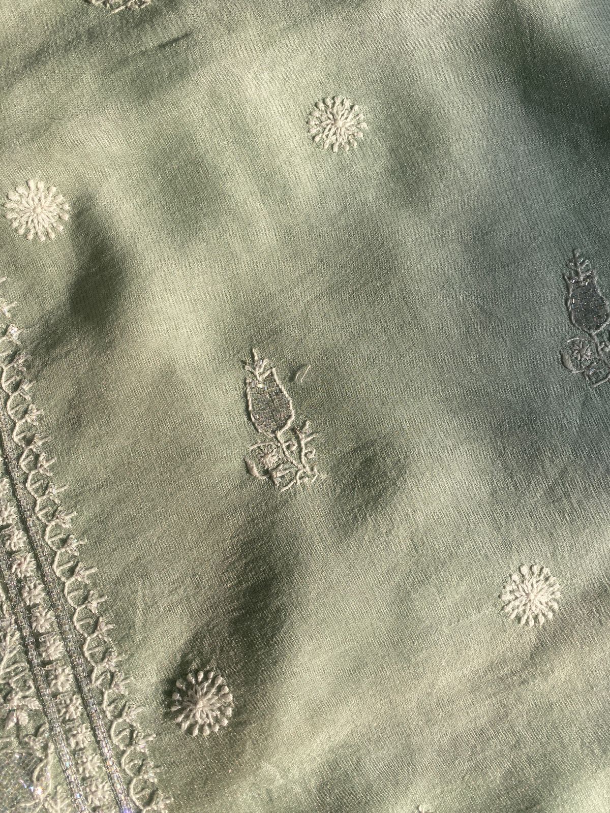 Green Silver Tissue Chikankari Mens Kurta Sale price
