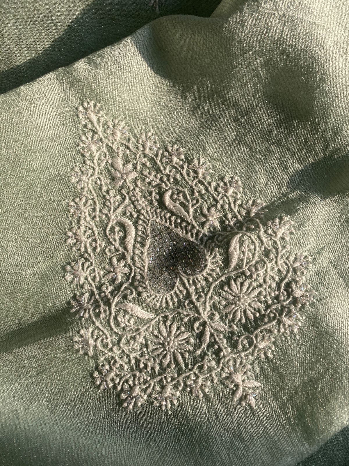 Green Silver Tissue Chikankari Mens Kurta Sale price