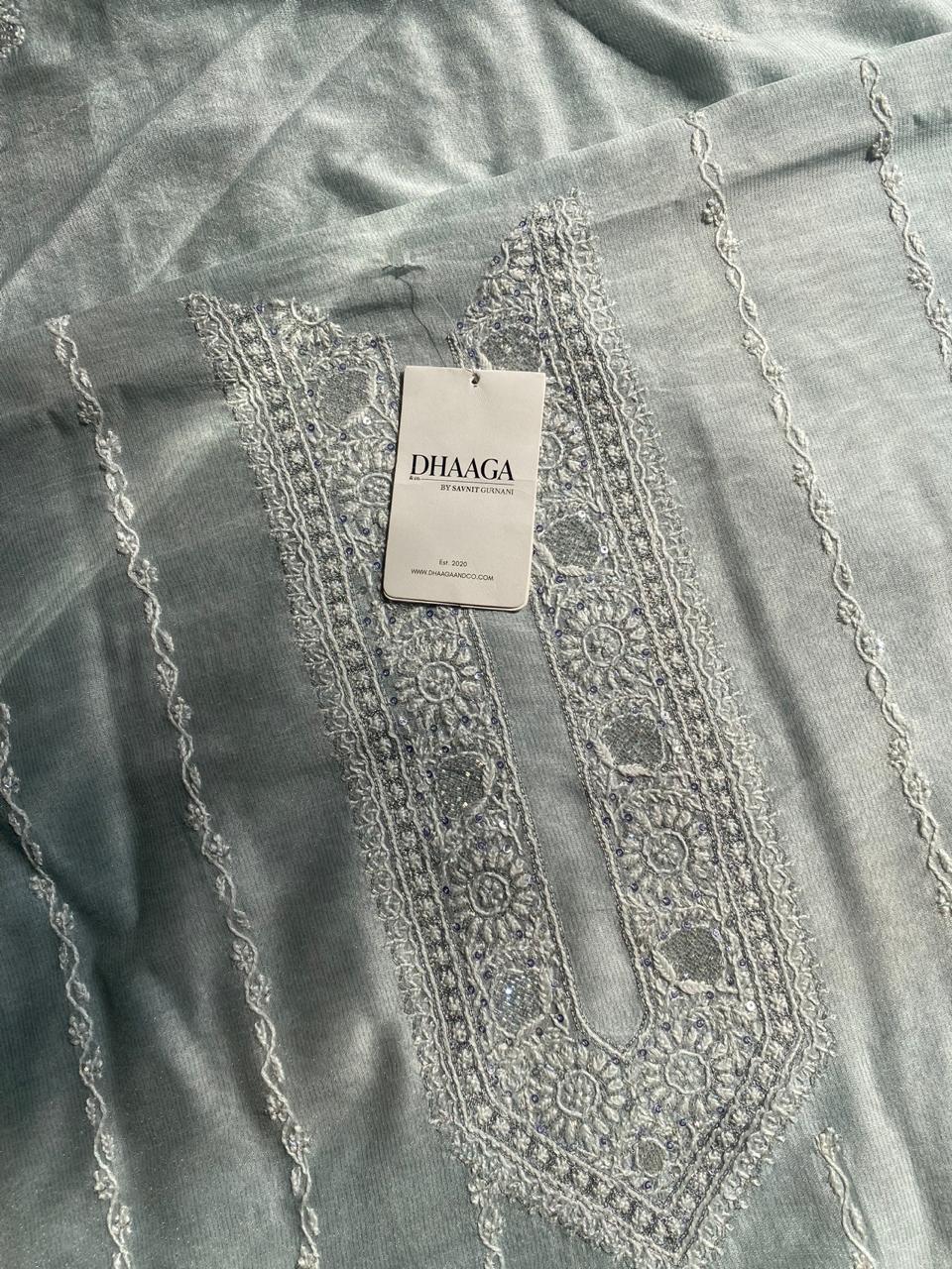 Blue Silver Tissue Chikankari Mens Kurta Sale price
