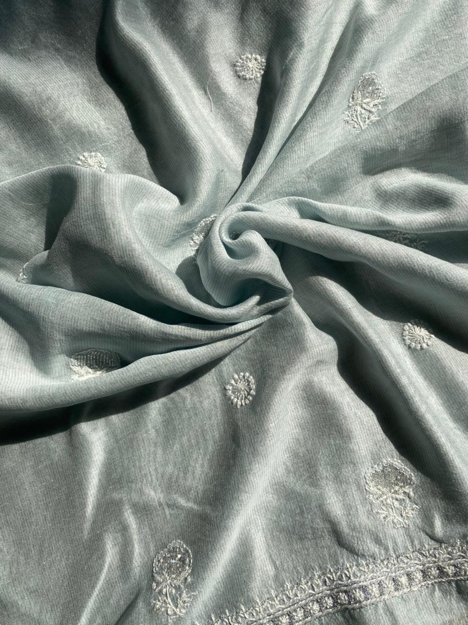 Blue Silver Tissue Chikankari Mens Kurta Sale price