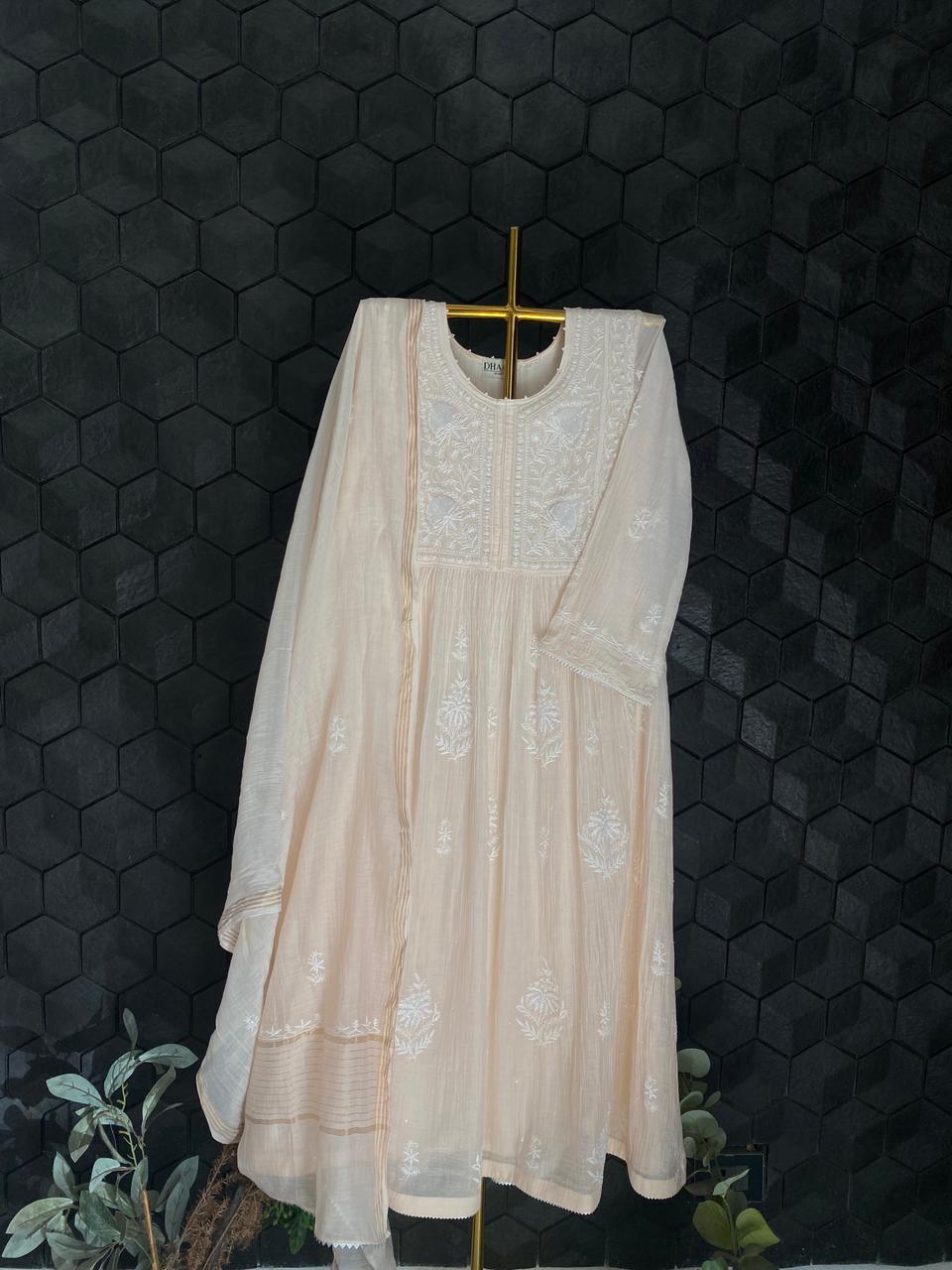 Pink Mul Chanderi Chikankari Front Tuck Kurta Set