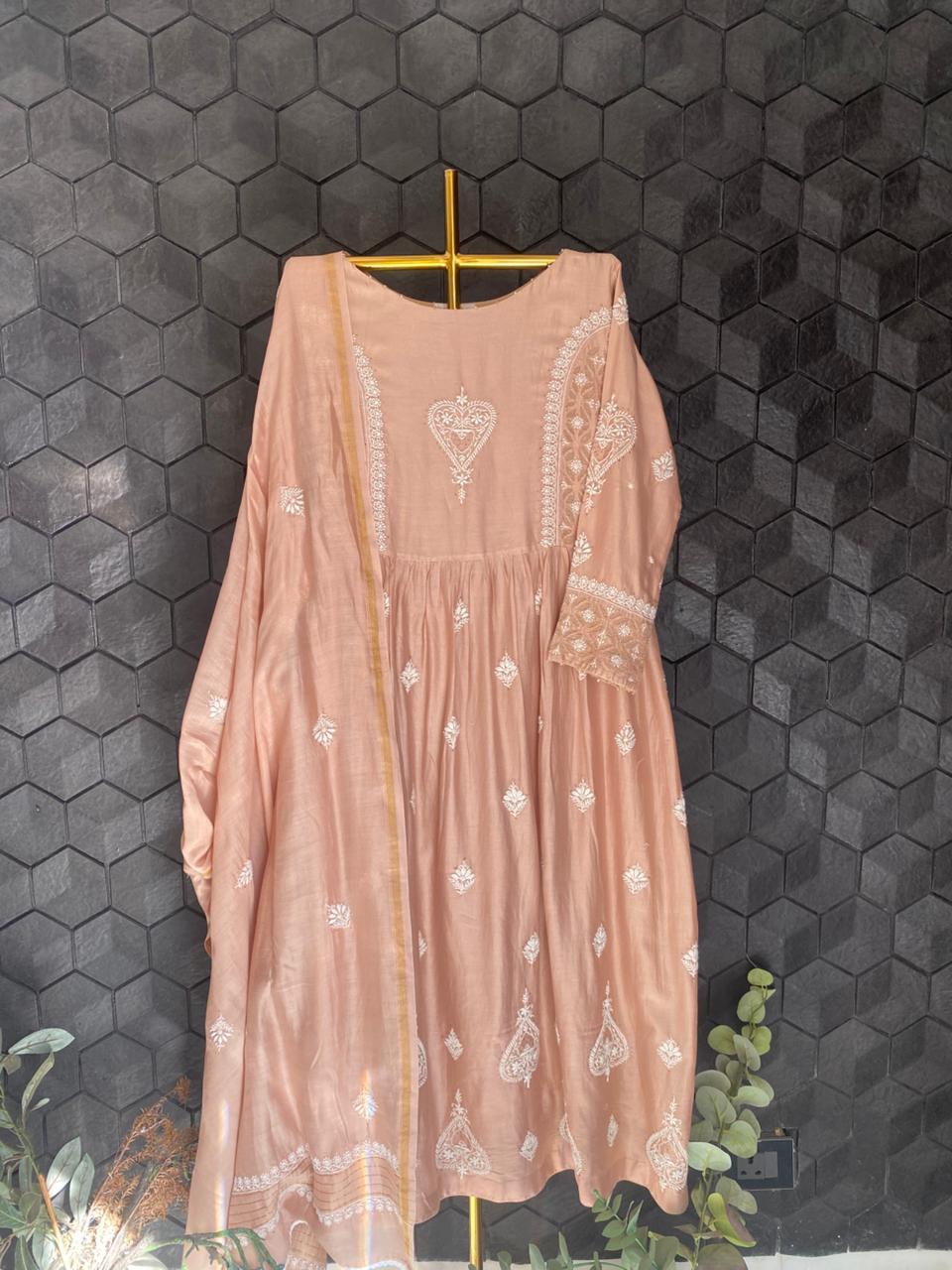 Brown chanderi chikankari anarkali set