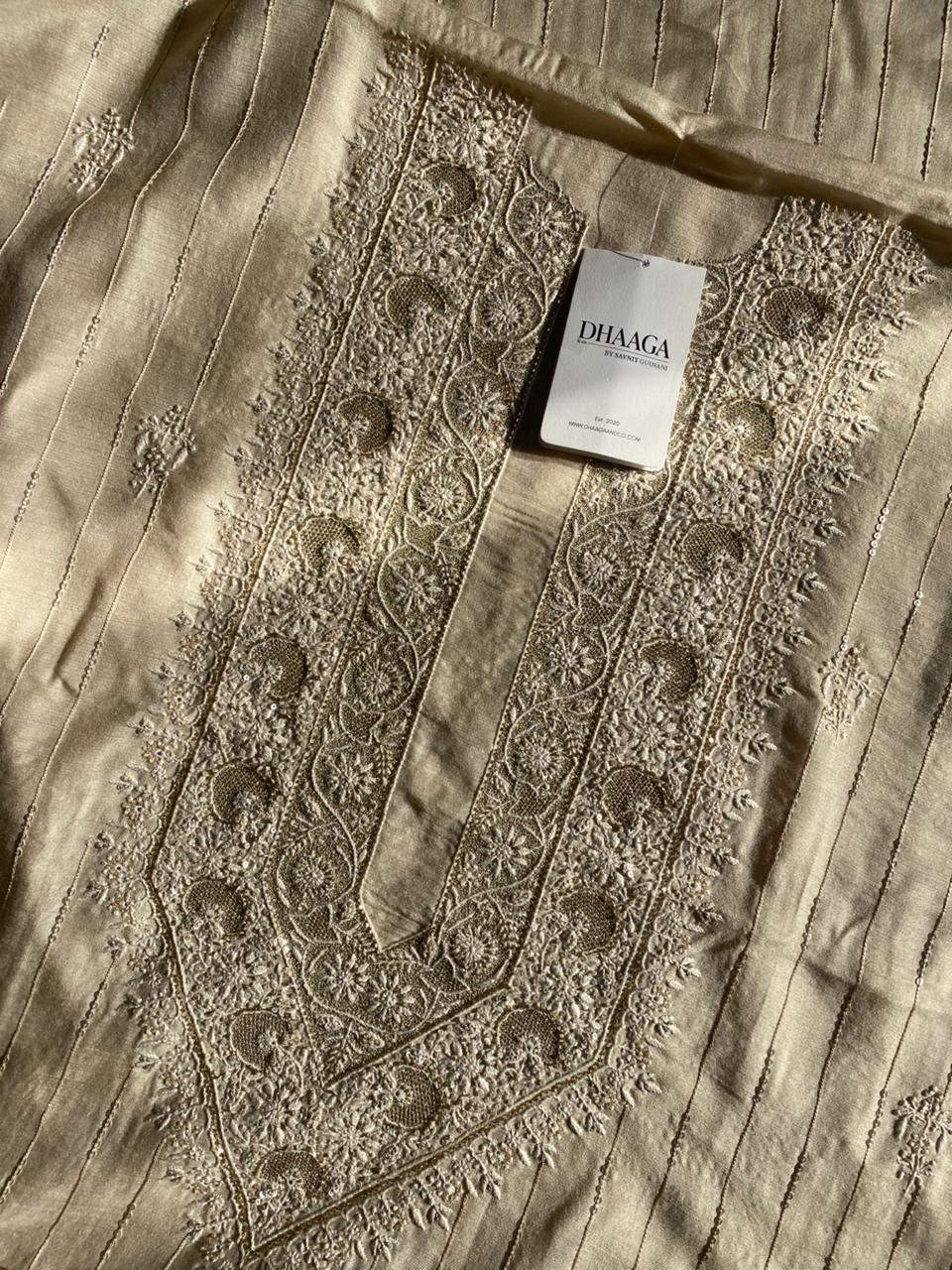 Beige Moonga Silk Chikankari Mens Kurta