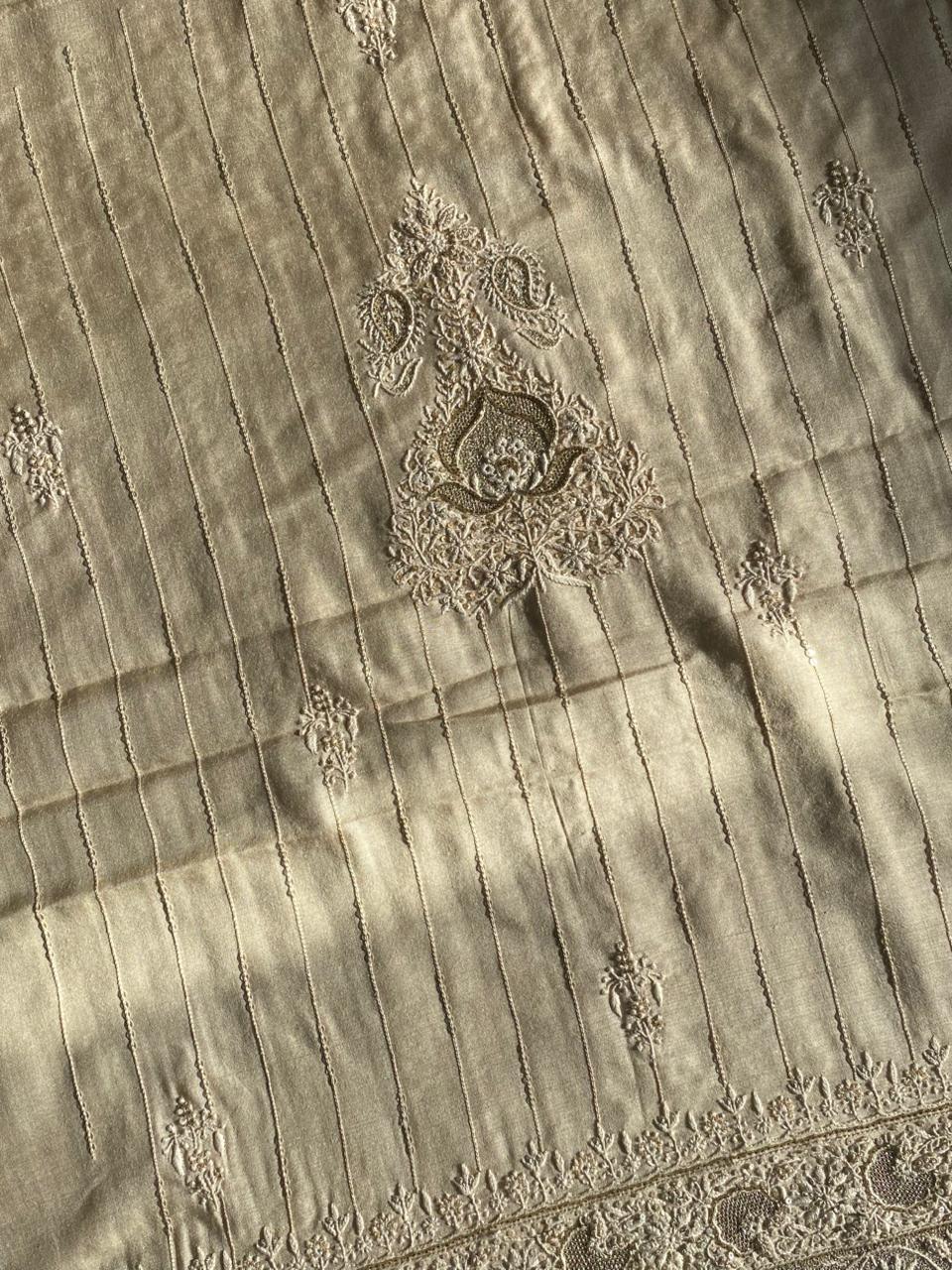 Beige Moonga Silk Chikankari Mens Kurta