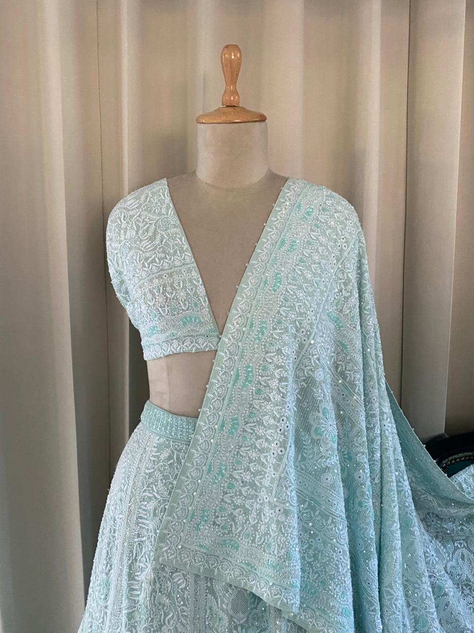Sea Green Georgette Chikankari Lehenga Set