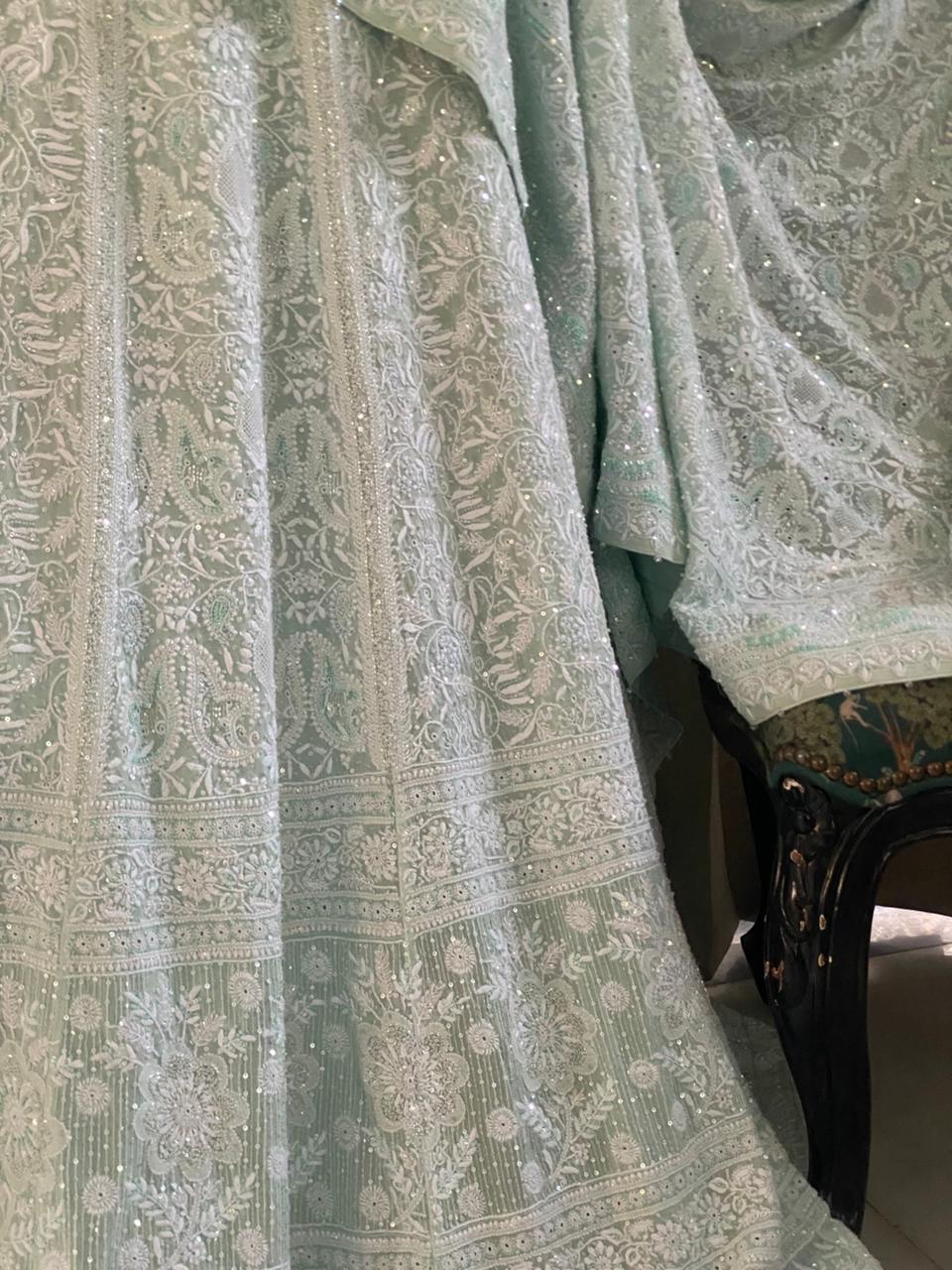 Sea Green Georgette Chikankari Lehenga Set