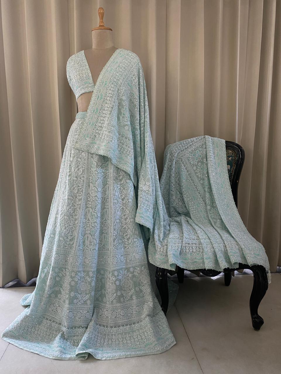 Sea Green Georgette Chikankari Lehenga Set
