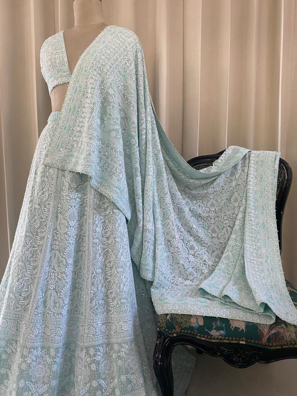 Sea Green Georgette Chikankari Lehenga Set