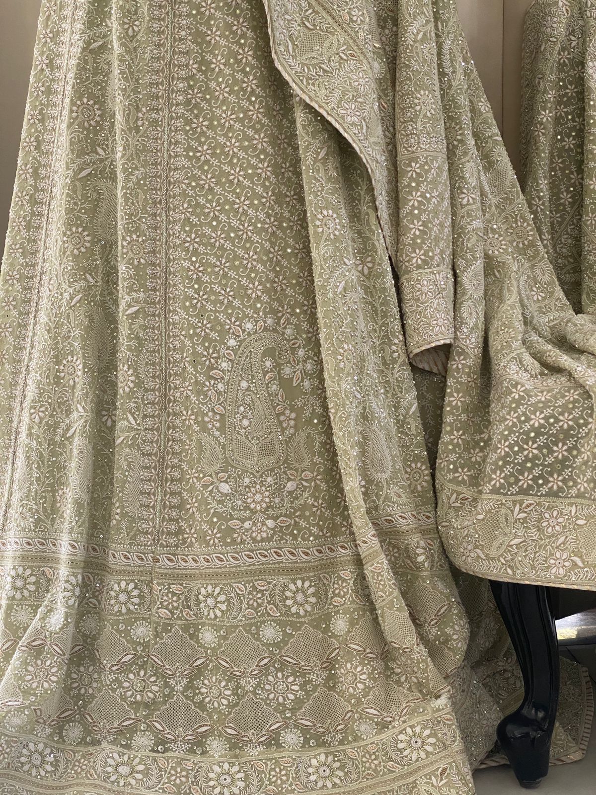 Sage Green Georgette Chikankari Lehenga Set with Sunflower Motifs