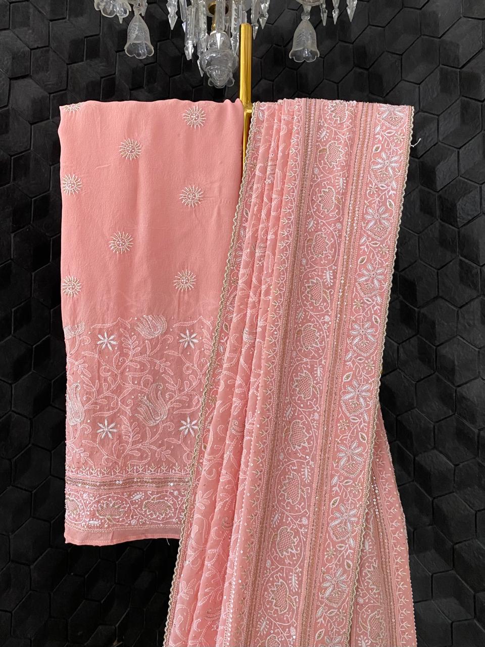 Pink Georgette Chikankari Saree with Lotus Motifs