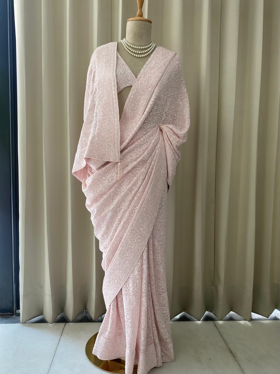 Blush Pink Georgette Saree with Tassels