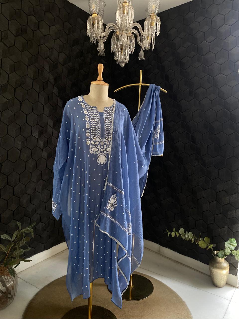 Blue Mul Chanderi Chikankari Kurta Set