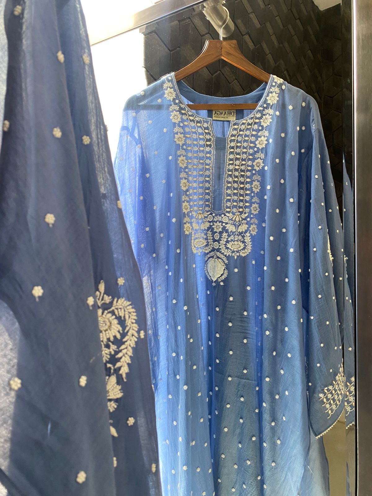 Blue Mul Chanderi Chikankari Kurta Set