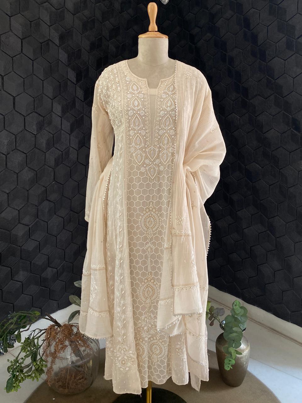 Beige Mul Chanderi Chikankari Kurta Set