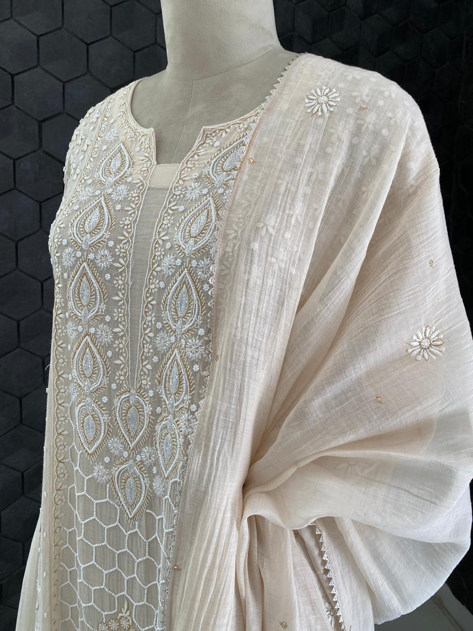 Beige Mul Chanderi Chikankari Kurta Set