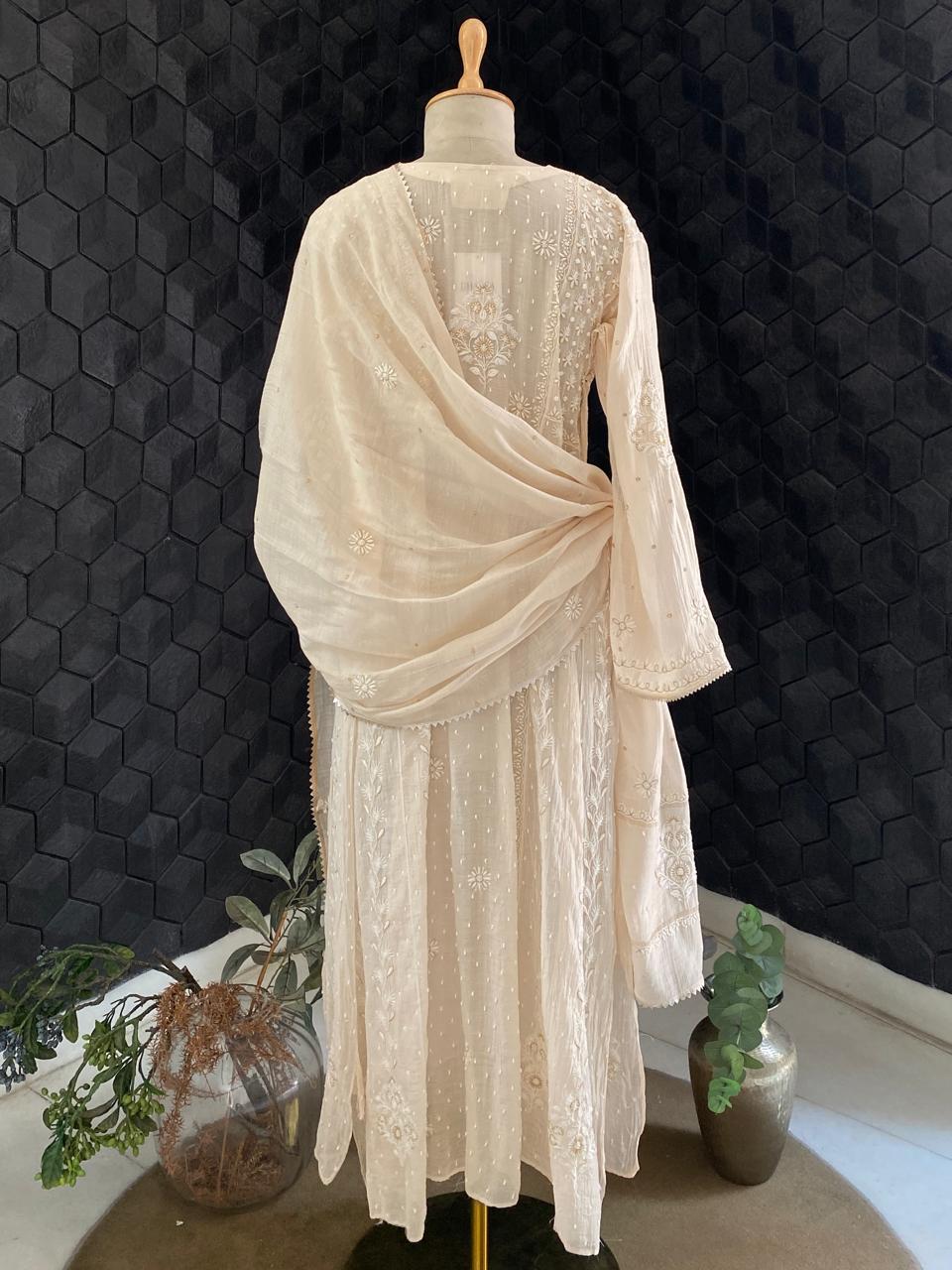 Beige Mul Chanderi Chikankari Kurta Set