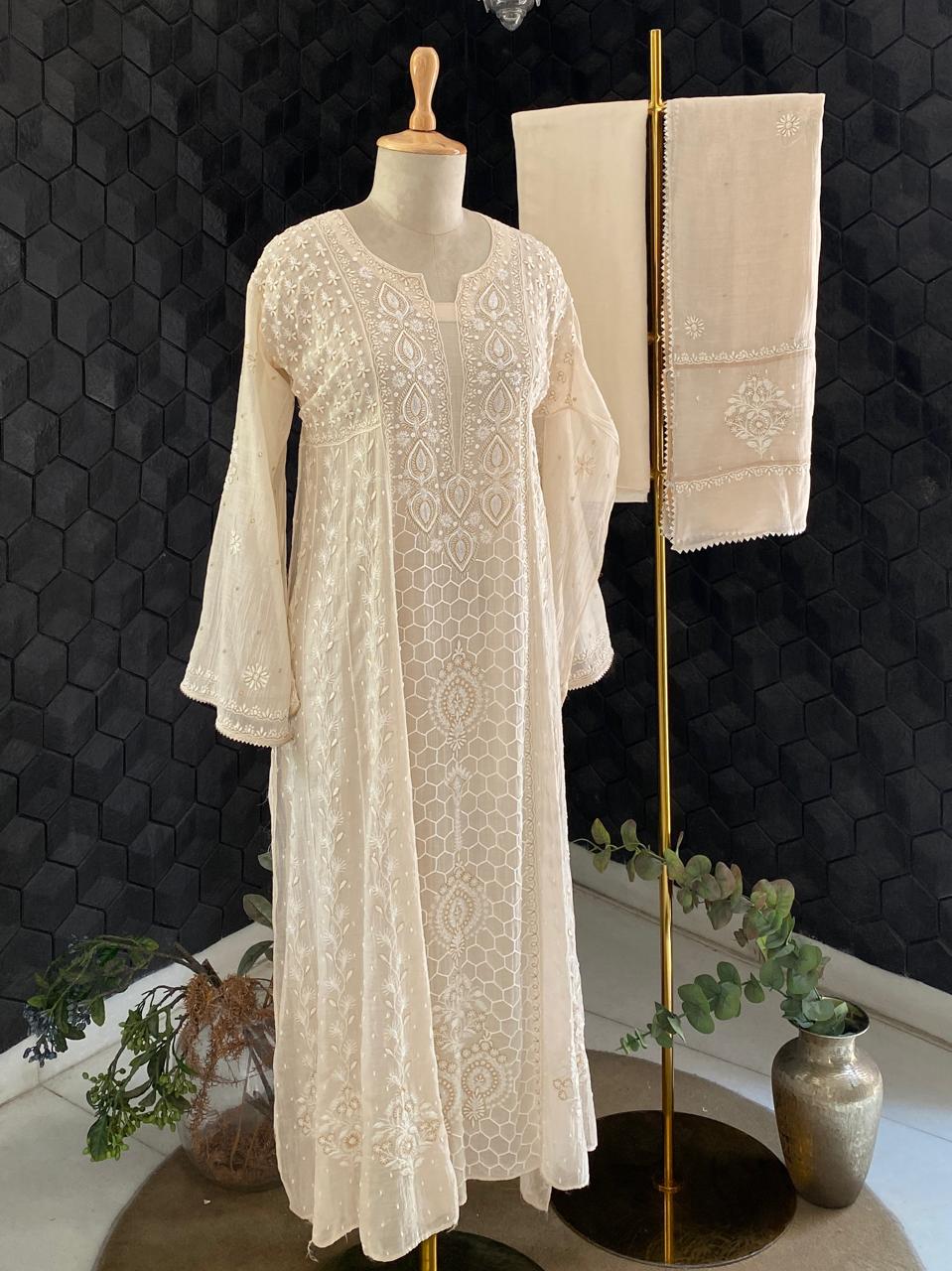 Beige Mul Chanderi Chikankari Kurta Set
