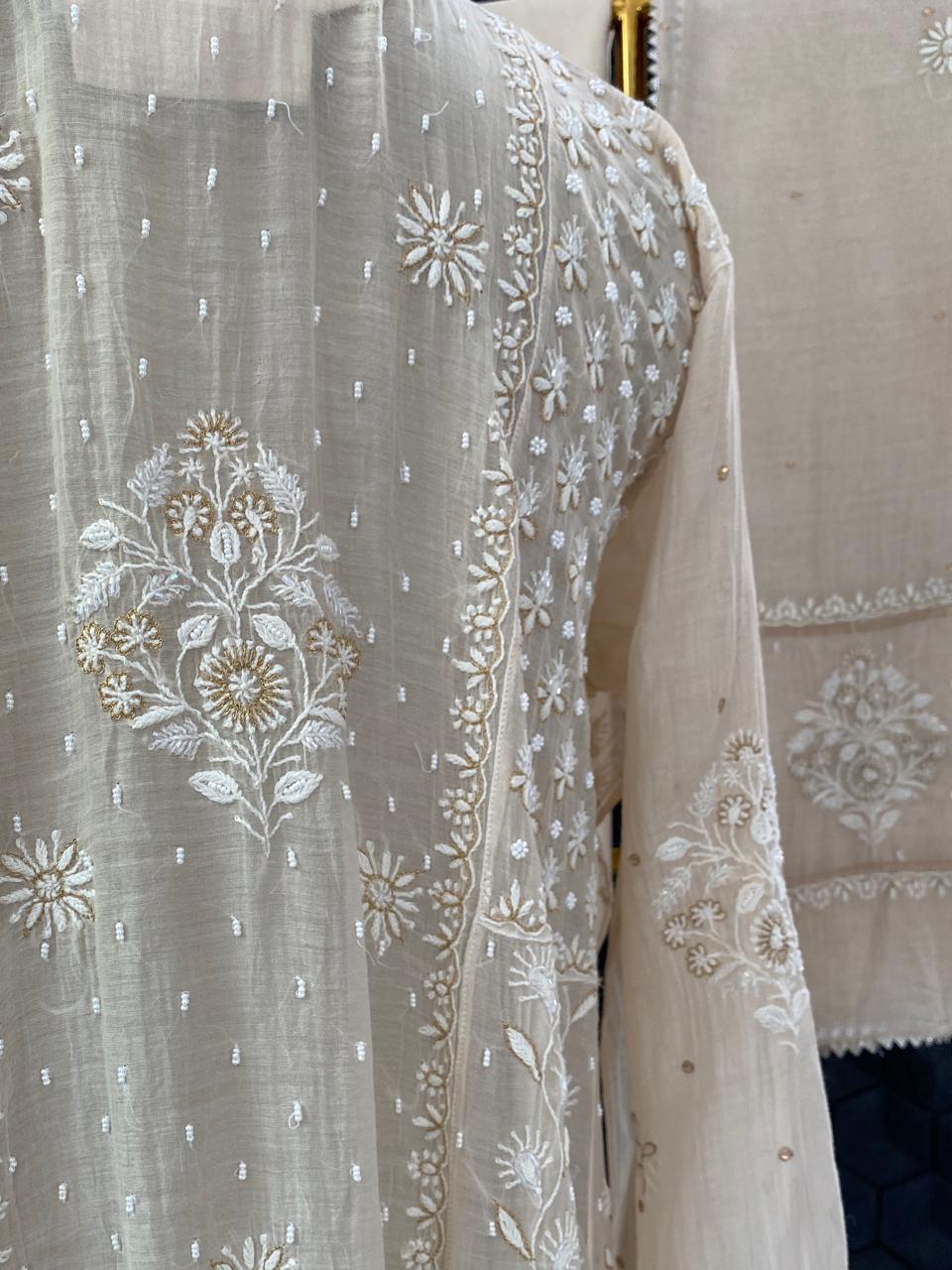 Beige Mul Chanderi Chikankari Kurta Set