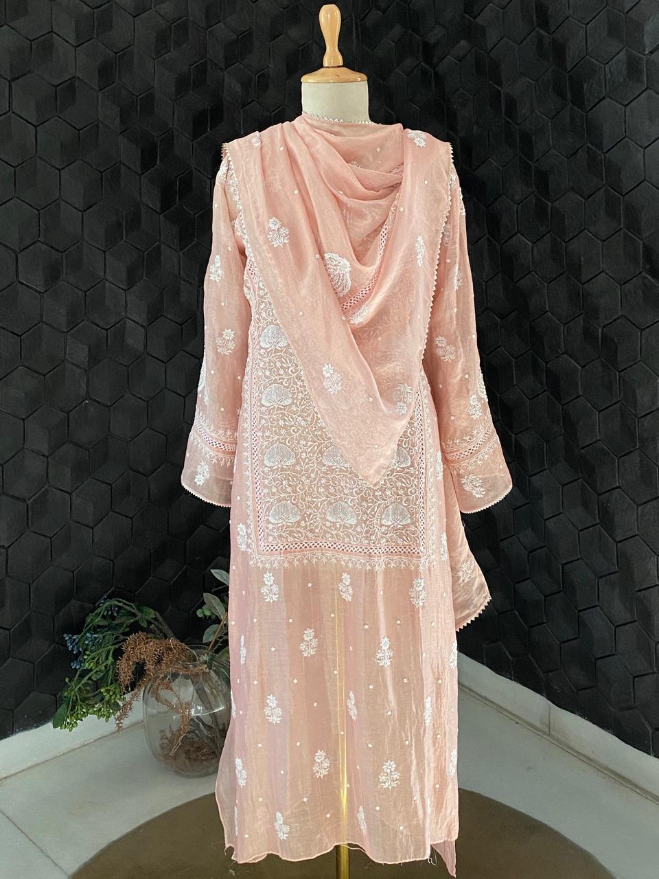 Peach and Golden Stripe Chikankari Kurta Set